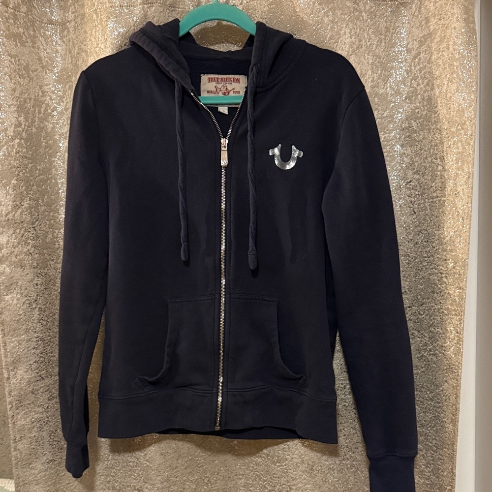 Women's True Religion Black With Silver Foil Full Zip Hoodie Sweatshirt Size L